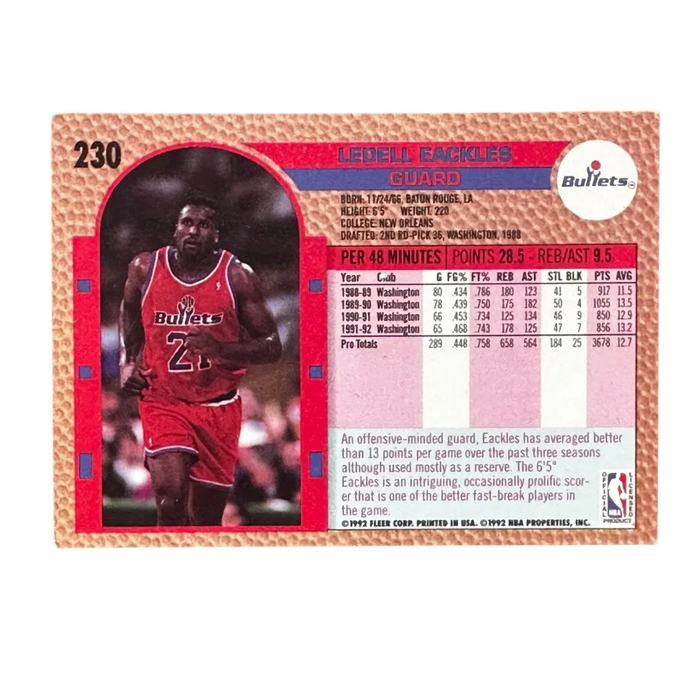 Ledell Eackles‎ 1992-93 Fleer Basketball Card Washington Bullets #230